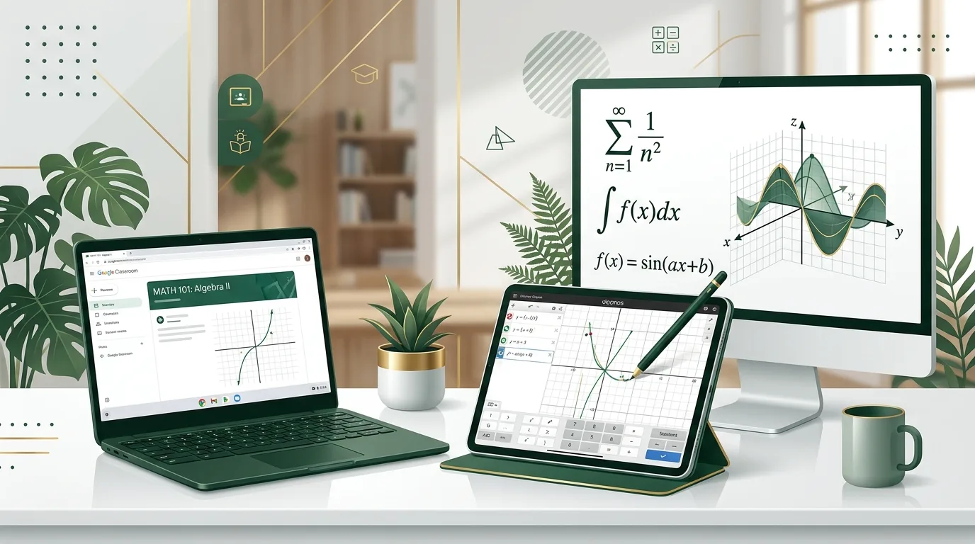 SolveCalc STEM workstation on Chromebook, iPad stylus, and desktop browsers